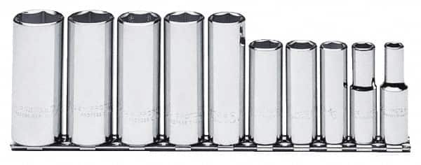Proto - 10 Piece 3/8" Drive Chrome Finish Deep Well Socket Set - 6 Points, 5/16" to 7/8" Range, Inch Measurement Standard - Americas Industrial Supply
