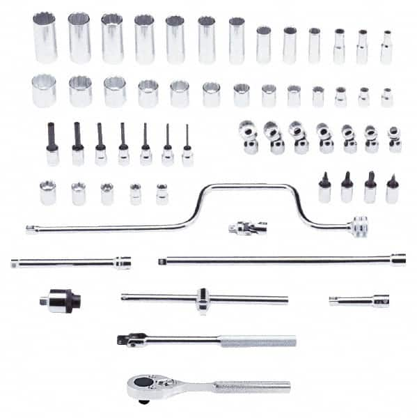 Proto - 58 Piece 3/8" Drive Chrome Finish Deep Well Socket Set - 12 Points, 1/4" to 1" Range, Inch Measurement Standard - Americas Industrial Supply