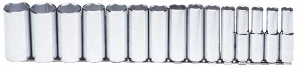 Proto - 15 Piece 1/2" Drive Chrome Finish Deep Well Socket Set - 6 Points, 5/16" to 1-1/4" Range, Inch Measurement Standard - Americas Industrial Supply