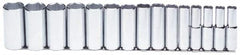 Proto - 15 Piece 1/2" Drive Chrome Finish Deep Well Socket Set - 6 Points, 5/16" to 1-1/4" Range, Inch Measurement Standard - Americas Industrial Supply