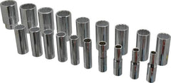 Proto - 19 Piece 1/2" Drive Chrome Finish Deep Well Socket Set - 12 Points, 3/8" to 1-1/2" Range, Inch Measurement Standard - Americas Industrial Supply