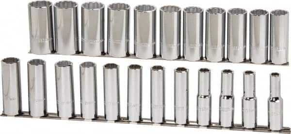 Proto - 23 Piece 1/2" Drive Chrome Finish Deep Well Socket Set - 12 Points, 10mm to 32mm Range, Metric Measurement Standard - Americas Industrial Supply