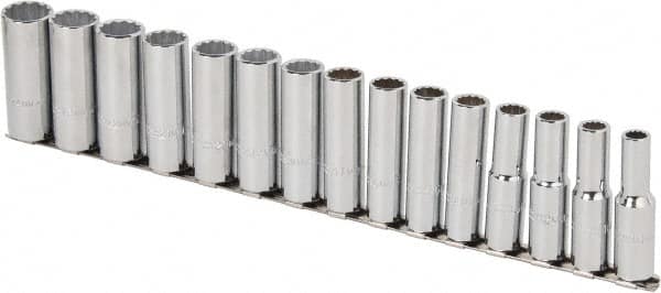 Proto - 15 Piece 1/2" Drive Chrome Finish Deep Well Socket Set - 12 Points, 10mm to 24mm Range, Metric Measurement Standard - Americas Industrial Supply