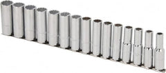 Proto - 15 Piece 1/2" Drive Chrome Finish Deep Well Socket Set - 12 Points, 10mm to 24mm Range, Metric Measurement Standard - Americas Industrial Supply