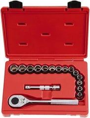 Proto - 16 Piece 1/2" Drive Chrome Finish Socket Set - 12 Points, 10mm to 23mm Range, Metric Measurement Standard - Americas Industrial Supply