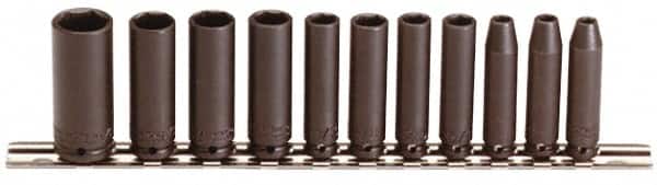 Proto - 11 Piece 1/4" Drive Black Finish Deep Well Impact Socket Set - 6 Points, 3/16" to 5/8" Range, Inch Measurement Standard - Americas Industrial Supply