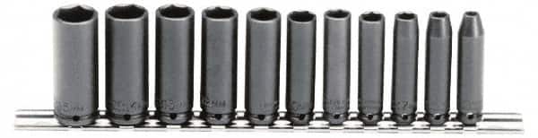 Proto - 11 Piece 1/4" Drive Black Finish Deep Well Impact Socket Set - 6 Points, 5mm to 15mm Range, Metric Measurement Standard - Americas Industrial Supply