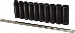 Proto - 10 Piece 1/2" Drive Black Finish Deep Well Impact Socket Set - 6 Points, 10mm to 19mm Range, Metric Measurement Standard - Americas Industrial Supply