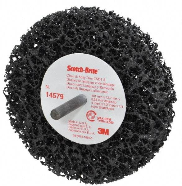 3M - 4" Very Coarse Grade Silicon Carbide Deburring Disc - 1/4" Shank Diam, 1/2" Center Hole, Shank Connection, Black, 8,000 Max RPM - Americas Industrial Supply