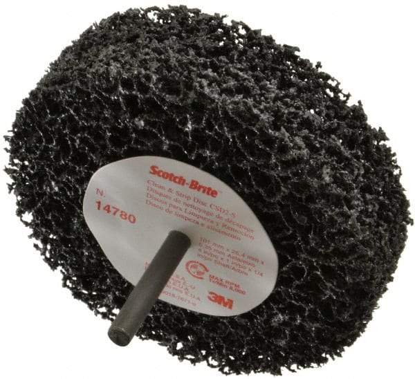 3M - 4" Very Coarse Grade Silicon Carbide Deburring Disc - 1/4" Shank Diam, 1" Center Hole, Shank Connection, Black, 8,000 Max RPM - Americas Industrial Supply