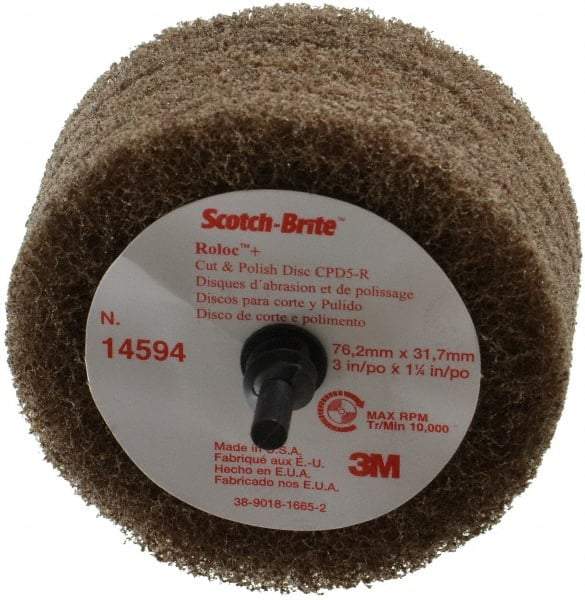 3M - 3" Medium Grade Aluminum Oxide Deburring Disc - 1/4" Shank Diam, Shank Connection, Tan, 8,500 Max RPM - Americas Industrial Supply