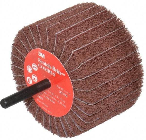 3M - 3" Diam x 1-3/4" Face Width, Very Fine Aluminum Oxide Coated Mounted Flap Wheel - 1/4" Shank Mount, 180 Grit, X Weighted Backing, 7,500 Max RPM - Americas Industrial Supply
