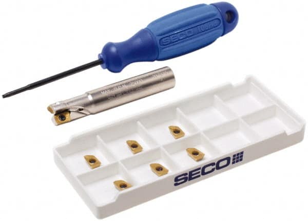 Seco - 3/8" Cut Diam, 0.197" Max Depth of Cut, 3/8" Shank Diam, 2.165" OAL, Indexable Square Shoulder End Mill - XO.X 0602 Inserts, Cylindrical Shank, 90° Lead Angle, Through Coolant, Series Nano Turbo - Americas Industrial Supply