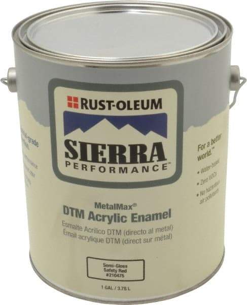 Rust-Oleum - 1 Gal Semi Gloss Safety Red Acrylic Enamel - 180 to 545 Sq Ft/Gal Coverage, <0 g/L VOC Content, Direct to Metal - Americas Industrial Supply