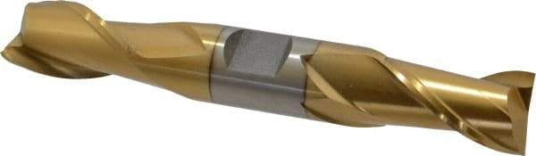 Interstate - 3/4", 1-5/16" LOC, 3/4" Shank Diam, 5" OAL, 2 Flute, High Speed Steel Square End Mill - Double End, TiN Finish, Spiral Flute, 30° Helix, Centercutting, Right Hand Cut, Right Hand Flute - Americas Industrial Supply