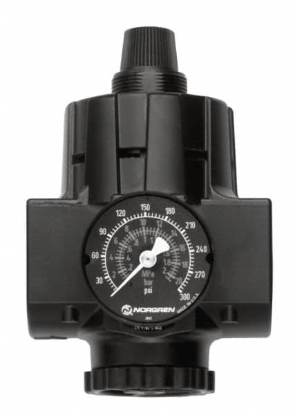 Norgren - 1 NPT Port, Zinc Hi-Flow Regulator - 10 to 125 psi Range, 300 Max psi Supply Pressure, 1/2" Gauge Port Thread, 2.91" Wide x 5.37" High - Americas Industrial Supply