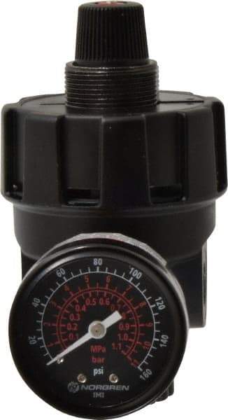 Norgren - 1/4 NPT Port, 200 CFM, Zinc Hi-Flow Regulator - 10 to 125 psi Range, 300 Max psi Supply Pressure, 1/4" Gauge Port Thread, 2.7" Wide x 4.83" High - Americas Industrial Supply