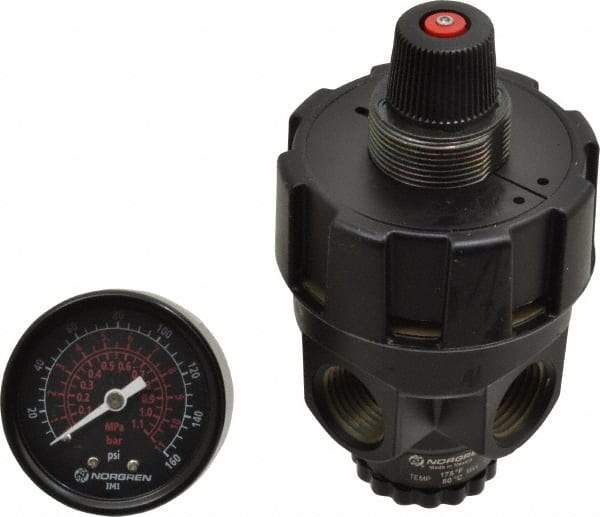 Norgren - 1/2 NPT Port, Zinc Hi-Flow Regulator - 10 to 125 psi Range, 300 Max psi Supply Pressure, 1/2" Gauge Port Thread, 2.7" Wide x 4.83" High - Americas Industrial Supply