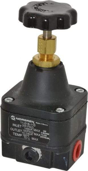 Norgren - 1/4 NPT Port, 12 CFM, Zinc Precision Constant Bleed Regulator - 3 to 150 psi Range, 200 Max psi Supply Pressure, 2.12" Wide x 4.55" High - Americas Industrial Supply