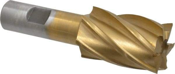 Interstate - 1-1/4", 2" LOC, 3/4" Shank Diam, 4-1/4" OAL, 6 Flute, High Speed Steel Square End Mill - Single End, TiN Finish, Spiral Flute, 30° Helix, Right Hand Cut, Right Hand Flute - Americas Industrial Supply