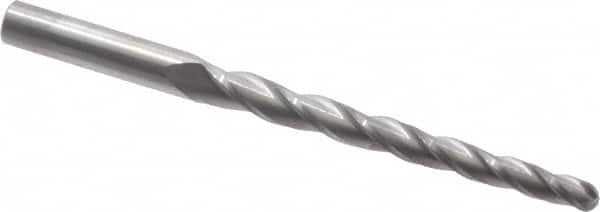 Accupro - 1° Taper Angle per Side, 1/4" Small End Diam, 3-1/4" LOC, Solid Carbide 3 Flute Tapered Ball End Mill - 5" OAL, 3/8" Shank Diam - Americas Industrial Supply