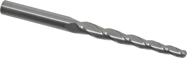 Accupro - 1.5° Taper Angle per Side, 3/16" Small End Diam, 2-1/4" LOC, Solid Carbide 3 Flute Tapered Ball End Mill - 4" OAL, 5/16" Shank Diam - Americas Industrial Supply