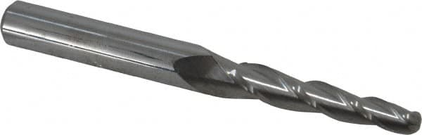 Accupro - 2° Taper Angle per Side, 3/16" Small End Diam, 1-1/4" LOC, Solid Carbide 3 Flute Tapered Ball End Mill - 3" OAL, 5/16" Shank Diam - Americas Industrial Supply