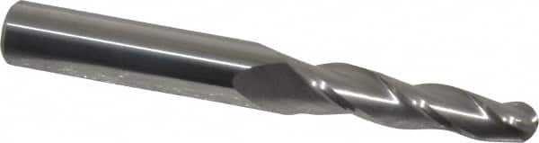 Accupro - 2° Taper Angle per Side, 1/4" Small End Diam, 1-1/4" LOC, Solid Carbide 3 Flute Tapered Ball End Mill - 3" OAL, 3/8" Shank Diam - Americas Industrial Supply