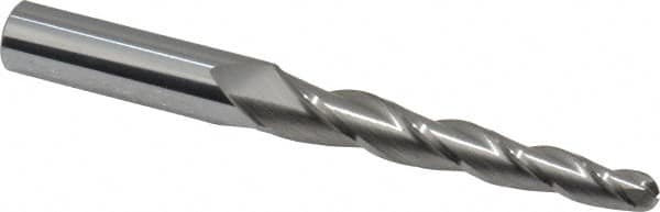 Accupro - 2° Taper Angle per Side, 1/4" Small End Diam, 2-1/4" LOC, Solid Carbide 3 Flute Tapered Ball End Mill - 4" OAL, 7/16" Shank Diam - Americas Industrial Supply
