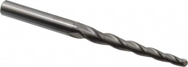 Accupro - 2° Taper Angle per Side, 1/4" Small End Diam, 3-1/4" LOC, Solid Carbide 3 Flute Tapered Ball End Mill - 6" OAL, 1/2" Shank Diam - Americas Industrial Supply