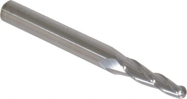 Accupro - 3° Taper Angle per Side, 1/4" Small End Diam, 1-1/4" LOC, Solid Carbide 3 Flute Tapered Ball End Mill - 4" OAL, 7/16" Shank Diam - Americas Industrial Supply