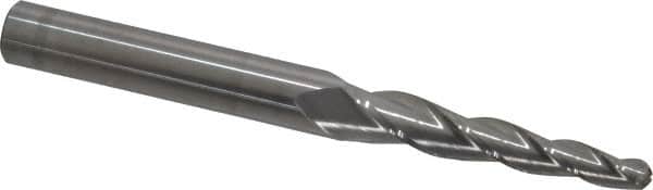 Accupro - 3° Taper Angle per Side, 1/4" Small End Diam, 2-1/4" LOC, Solid Carbide 3 Flute Tapered Ball End Mill - 5" OAL, 1/2" Shank Diam - Americas Industrial Supply