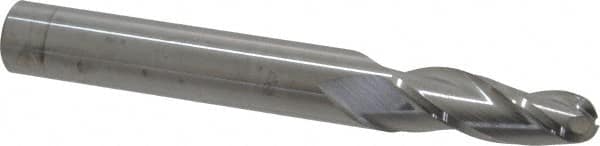 Accupro - 3° Taper Angle per Side, 3/8" Small End Diam, 1-1/4" LOC, Solid Carbide 3 Flute Tapered Ball End Mill - 4" OAL, 1/2" Shank Diam - Americas Industrial Supply