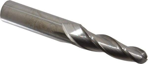Accupro - 3° Taper Angle per Side, 1/2" Small End Diam, 2-1/4" LOC, Solid Carbide 3 Flute Tapered Ball End Mill - 5" OAL, 3/4" Shank Diam - Americas Industrial Supply
