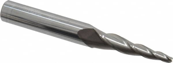 Accupro - 5° Taper Angle per Side, 1/8" Small End Diam, 1-1/4" LOC, Solid Carbide 3 Flute Tapered Ball End Mill - 3" OAL, 3/8" Shank Diam - Americas Industrial Supply