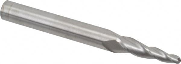 Accupro - 5° Taper Angle per Side, 3/16" Small End Diam, 1-1/4" LOC, Solid Carbide 3 Flute Tapered Ball End Mill - 4" OAL, 7/16" Shank Diam - Americas Industrial Supply