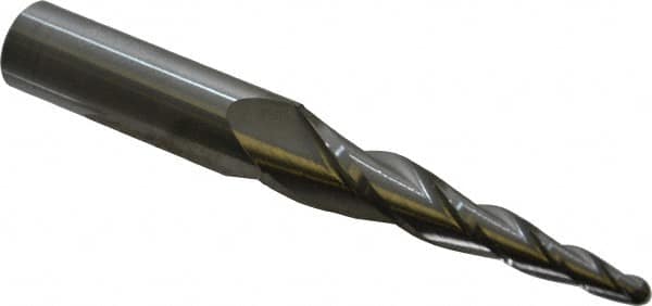 Accupro - 5° Taper Angle per Side, 3/16" Small End Diam, 2-1/2" LOC, Solid Carbide 3 Flute Tapered Ball End Mill - 4-5/8" OAL, 3/8" Shank Diam - Americas Industrial Supply