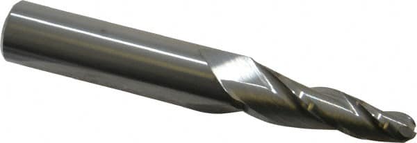 Accupro - 5° Taper Angle per Side, 1/4" Small End Diam, 1-1/4" LOC, Solid Carbide 3 Flute Tapered Ball End Mill - 3-1/4" OAL, 1/2" Shank Diam - Americas Industrial Supply