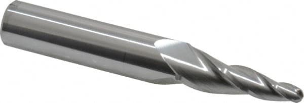 Accupro - 7° Taper Angle per Side, 3/16" Small End Diam, 1-1/4" LOC, Solid Carbide 3 Flute Tapered Ball End Mill - 3-1/4" OAL, 1/2" Shank Diam - Americas Industrial Supply