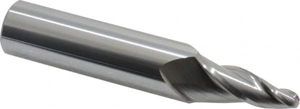 Accupro - 10° Taper Angle per Side, 1/4" Small End Diam, 1-1/4" LOC, Solid Carbide 3 Flute Tapered Ball End Mill - 4" OAL, 3/4" Shank Diam - Americas Industrial Supply