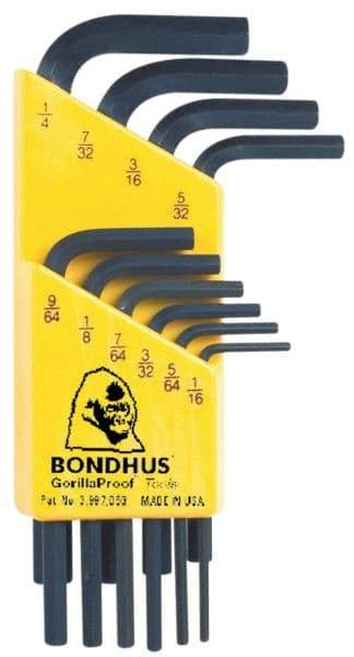 Bondhus - 10 Piece L-Key Hex Key Set - Hex Range 1/16 to 1/4" - Americas Industrial Supply