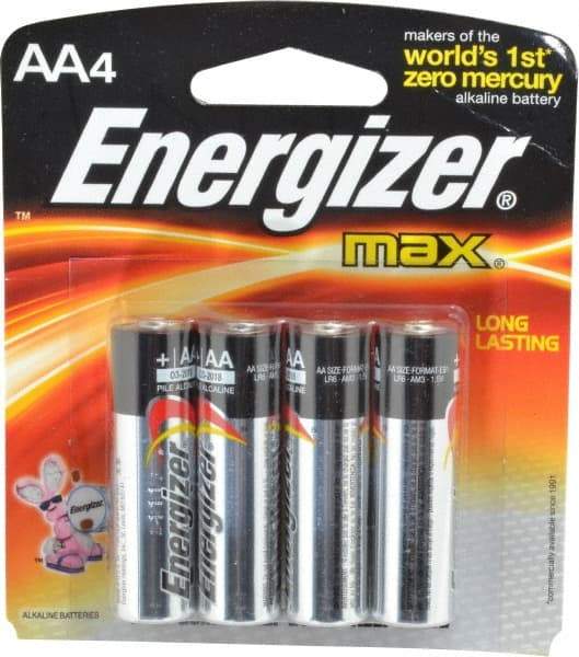 Energizer - Size AA, Alkaline, 4 Pack, Standard Battery - 1.5 Volts, Flat Terminal, LR6, ANSI, IEC Regulated - Americas Industrial Supply