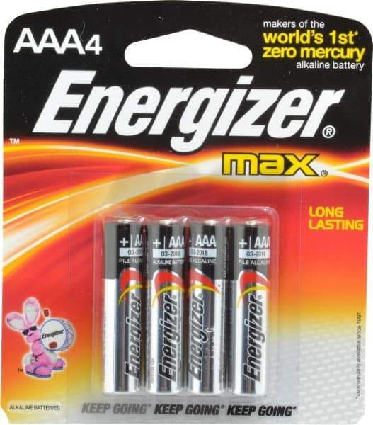 Energizer - Size AAA, Alkaline, 4 Pack, Standard Battery - 1.5 Volts, Button Tab Terminal, LR03, ANSI, IEC Regulated - Americas Industrial Supply