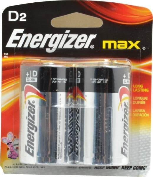 Energizer - Size D, Alkaline, 2 Pack, Standard Battery - 1.5 Volts, Flat Terminal, LR20, ANSI, IEC Regulated - Americas Industrial Supply