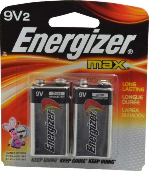 Energizer - Size 9V, Alkaline, 2 Pack, Standard Battery - 9 Volts, Miniature Snap Terminal, 6LR61, ANSI, IEC Regulated - Americas Industrial Supply