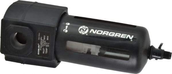 Norgren - 1/2" Port, 7.95" High x 3.15" Wide Standard Filter with Polycarbonate Bowl, Manual Drain - 140 SCFM, 150 Max psi, 125°F Max Temp, Modular Connection, Bowl Guard, 7 oz Bowl Capacity - Americas Industrial Supply