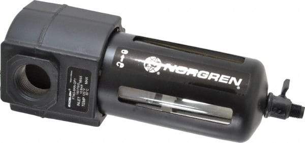 Norgren - 3/4" Port, 7.95" High x 3.15" Wide Standard Filter with Polycarbonate Bowl, Manual Drain - 140 SCFM, 150 Max psi, 125°F Max Temp, Modular Connection, Bowl Guard, 7 oz Bowl Capacity - Americas Industrial Supply