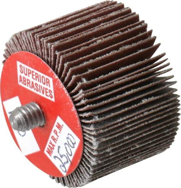 Superior Abrasives - 1-1/2" Diam x 1" Face Width, Very Fine Aluminum Oxide Coated Mounted Flap Wheel - 1/4-20 Threaded Mount, 180 Grit, 30,000 Max RPM - Americas Industrial Supply