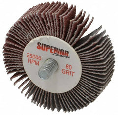 Superior Abrasives - 2" Diam x 1/2" Face Width, Medium Aluminum Oxide Coated Mounted Flap Wheel - 1/4-20 Threaded Mount, 80 Grit, X Weighted Cloth Backing, 25,000 Max RPM - Americas Industrial Supply