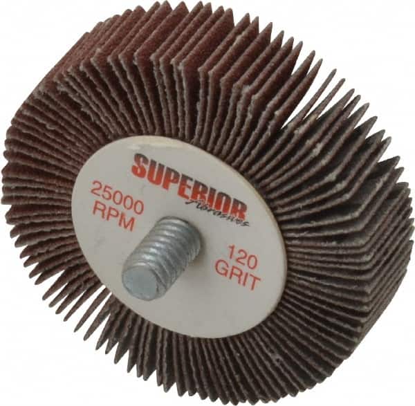 Superior Abrasives - 2" Diam x 1/2" Face Width, Fine Aluminum Oxide Coated Mounted Flap Wheel - 1/4-20 Threaded Mount, 120 Grit, X Weighted Cloth Backing, 25,000 Max RPM - Americas Industrial Supply